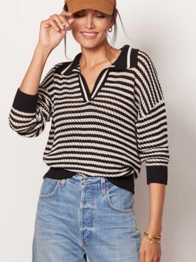 525 America Black and White Striped V-Neck Polo Sweater